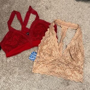 Elegant Lace Bralette Set - Red and Tan